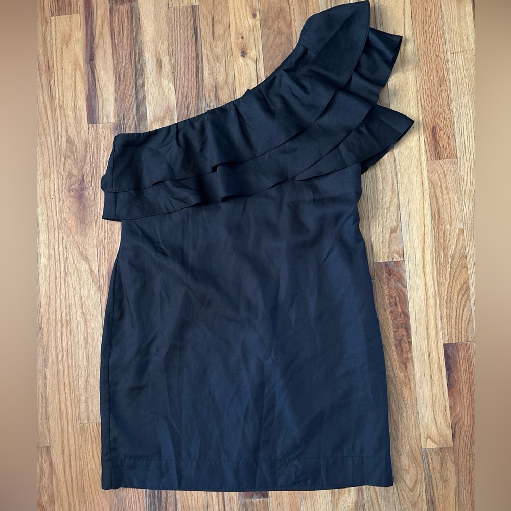 Apostrophe Black One Shoulder Ruffle Cocktail Dress Size 12 Little Black Dress